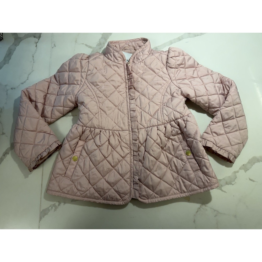 Janie Jack Quilted Barn Coat Girls Sz 3-4 Pink Peplum Jacket Pockets Flare Girly